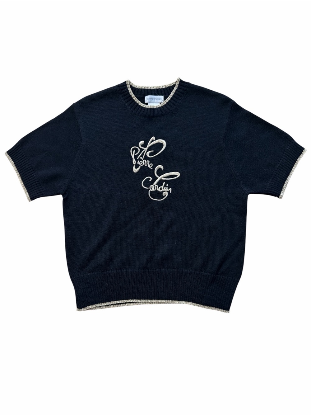 Pierre Cardin Black Short Sleeve Knit Sweater with Golden Trim and Script Logo